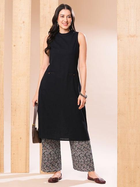 globus black printed kurta with palazzos