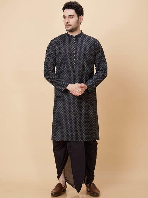 globus black regular fit printed cotton kurta