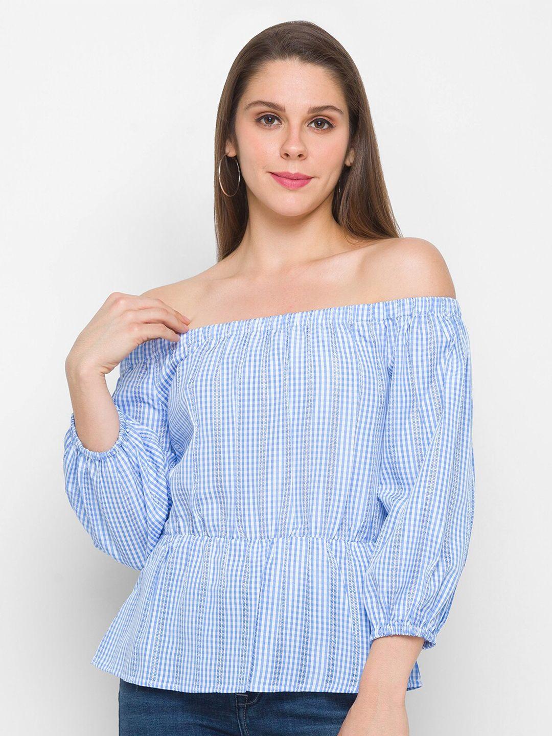 globus blue & white checked off-shoulder bardot top