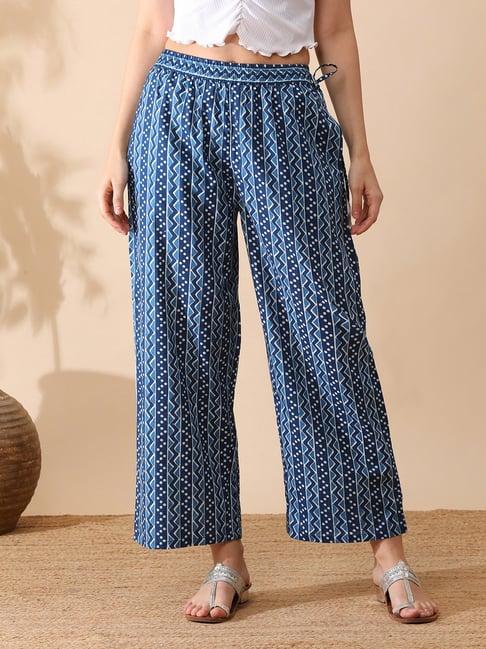 globus blue & white cotton printed palazzos