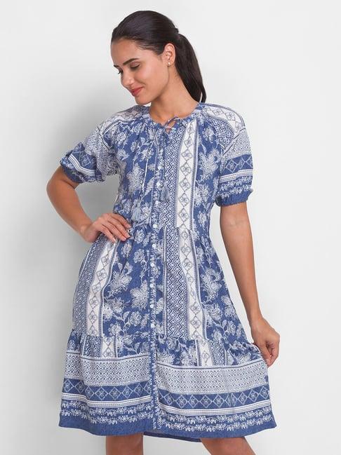 globus blue & white printed a line dress