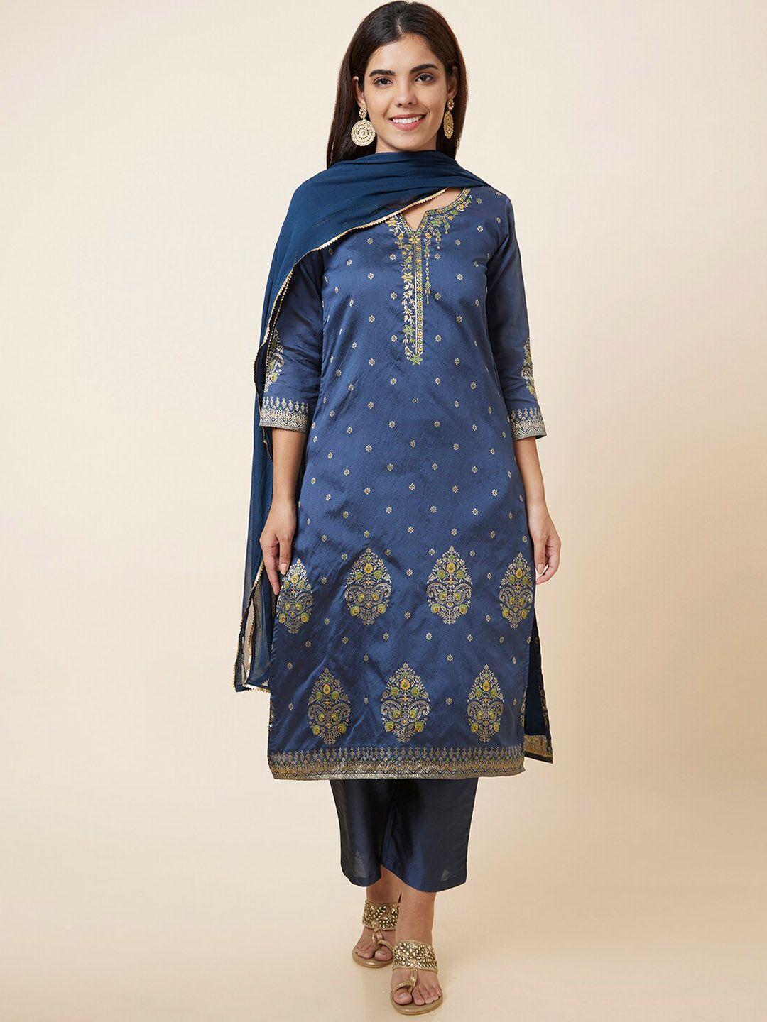 globus blue & yellow ethnic motifs woven design kurta with trousers & dupatta
