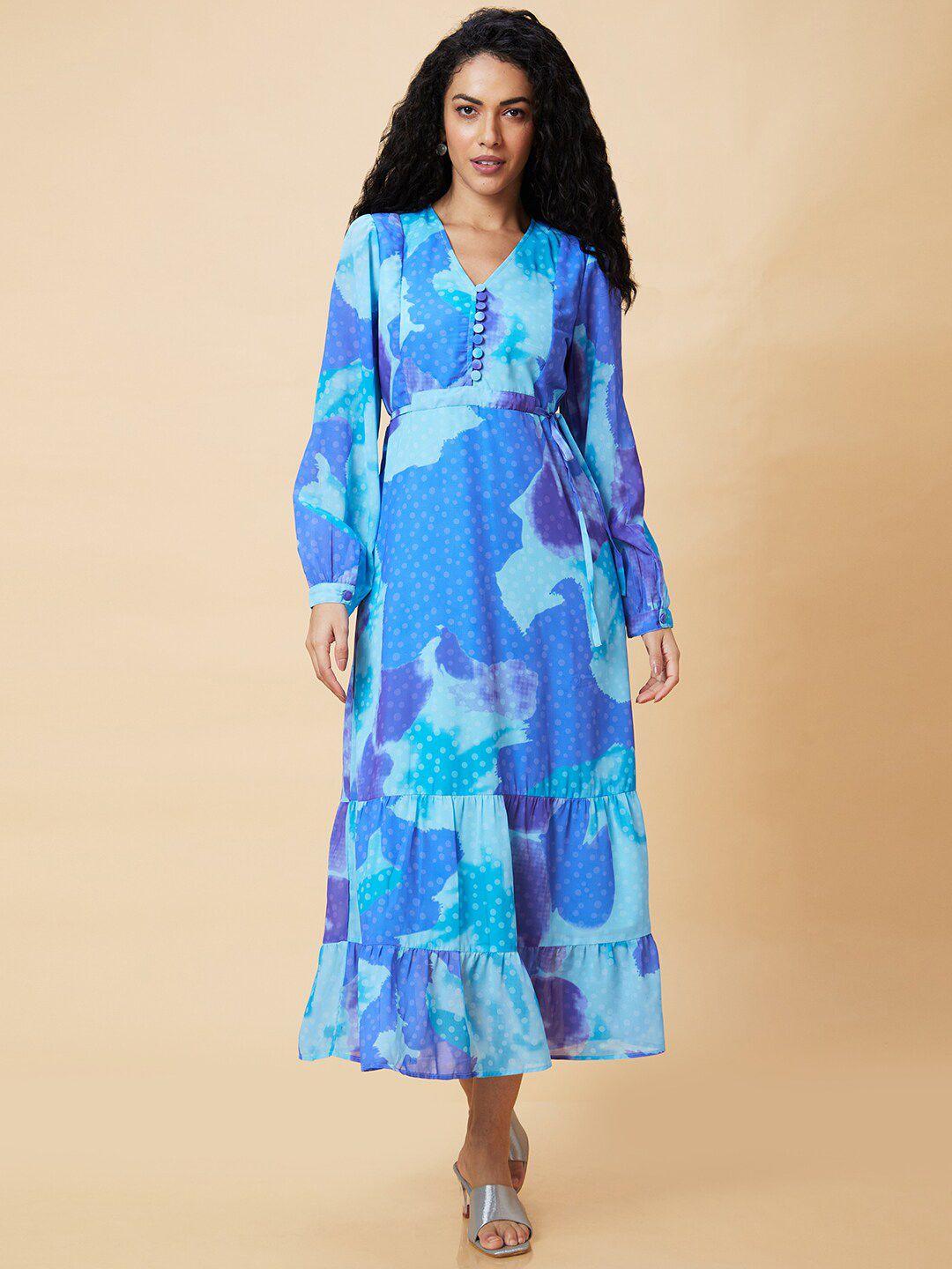 globus blue abstract printed tiered georgette fit and flare midi dress