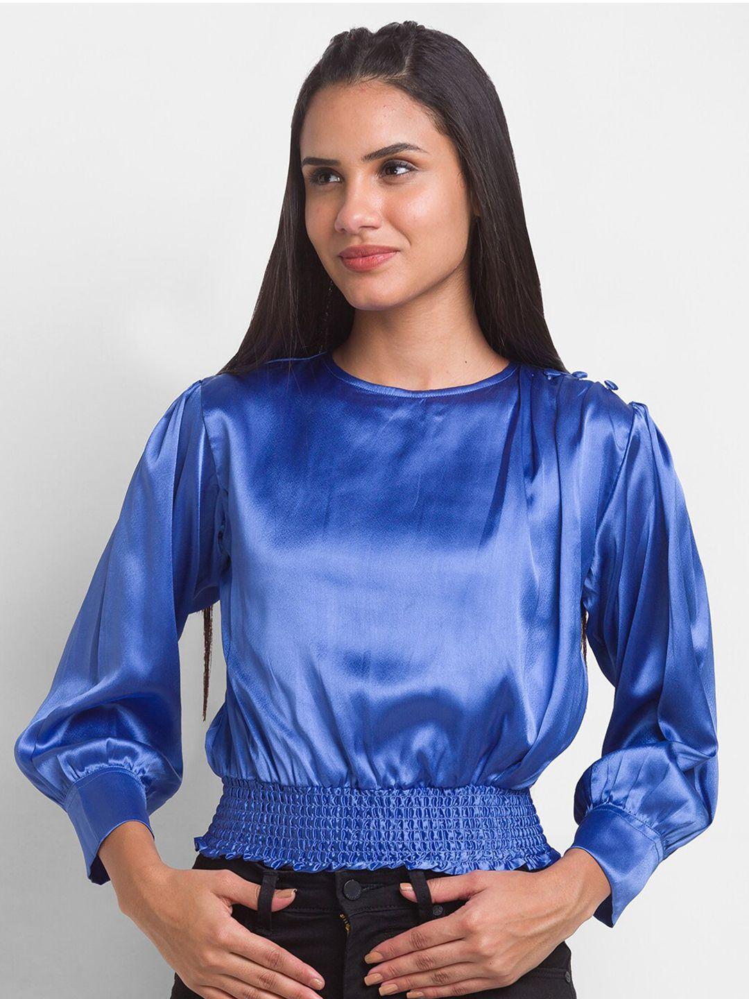 globus blue blouson crop top