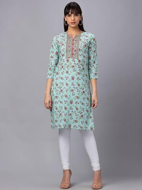 globus blue cotton floral print straight kurta