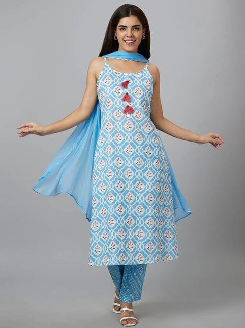 globus blue cotton printed kurta with pants & dupatta