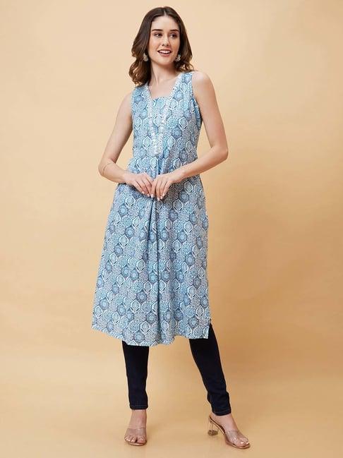 globus blue floral print a line kurta