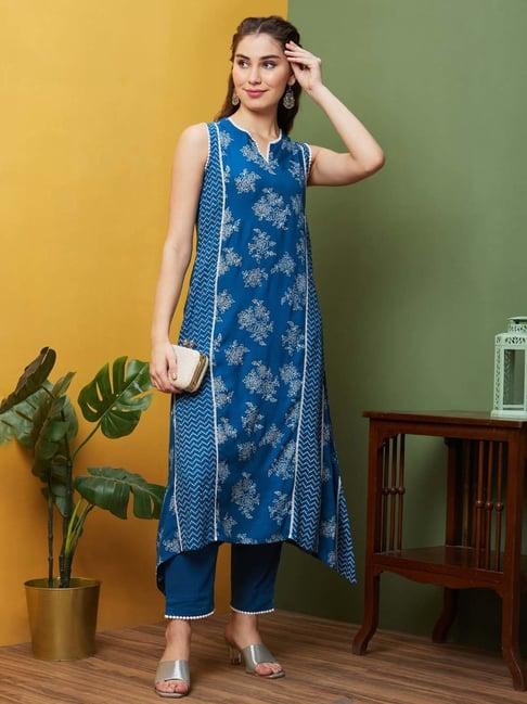 globus blue printed kurta pant set