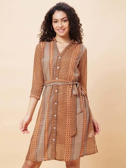 globus brown geometric print fit & flare dress