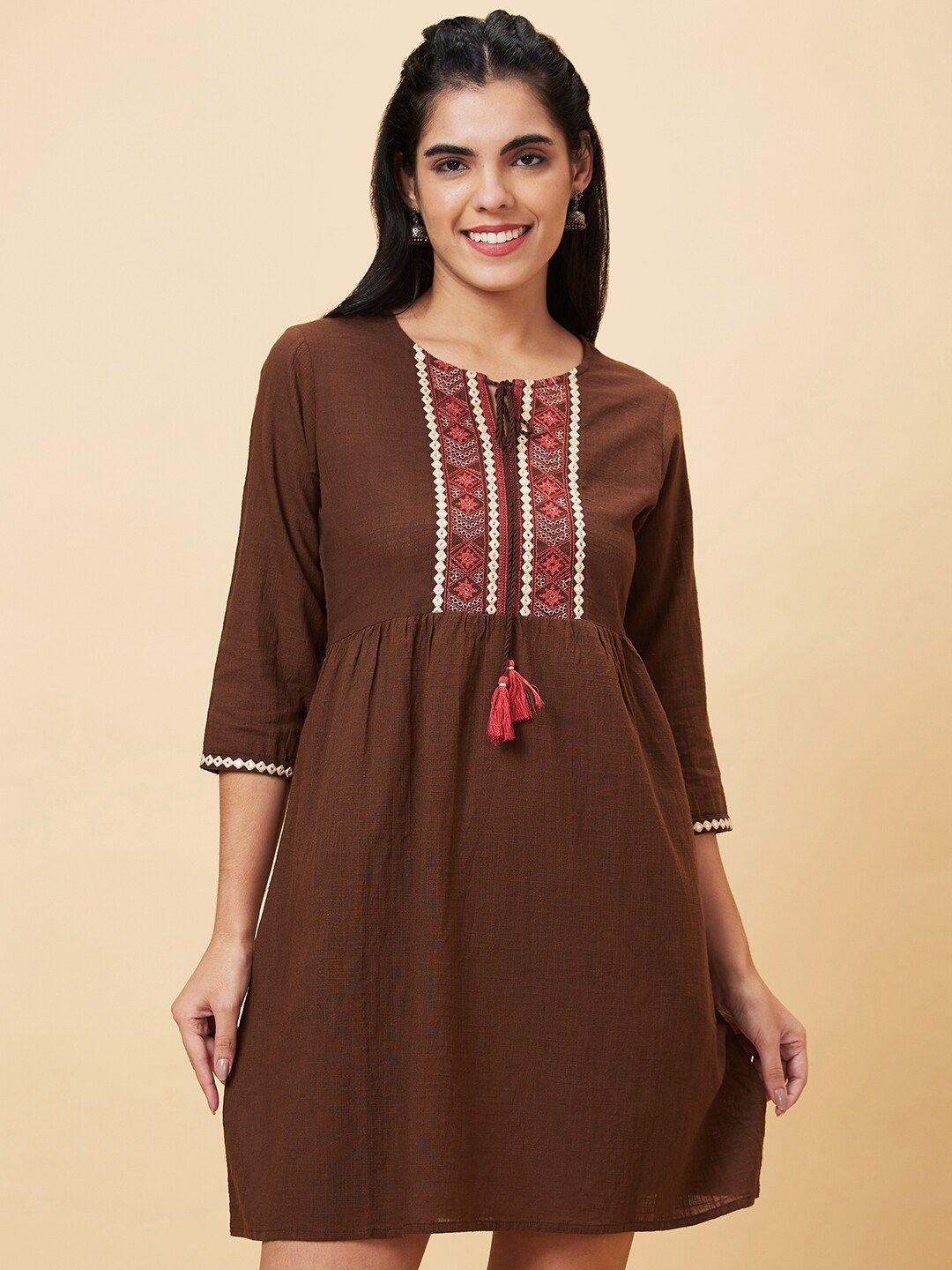 globus brown tie-up neck embroidered cotton a-line dress