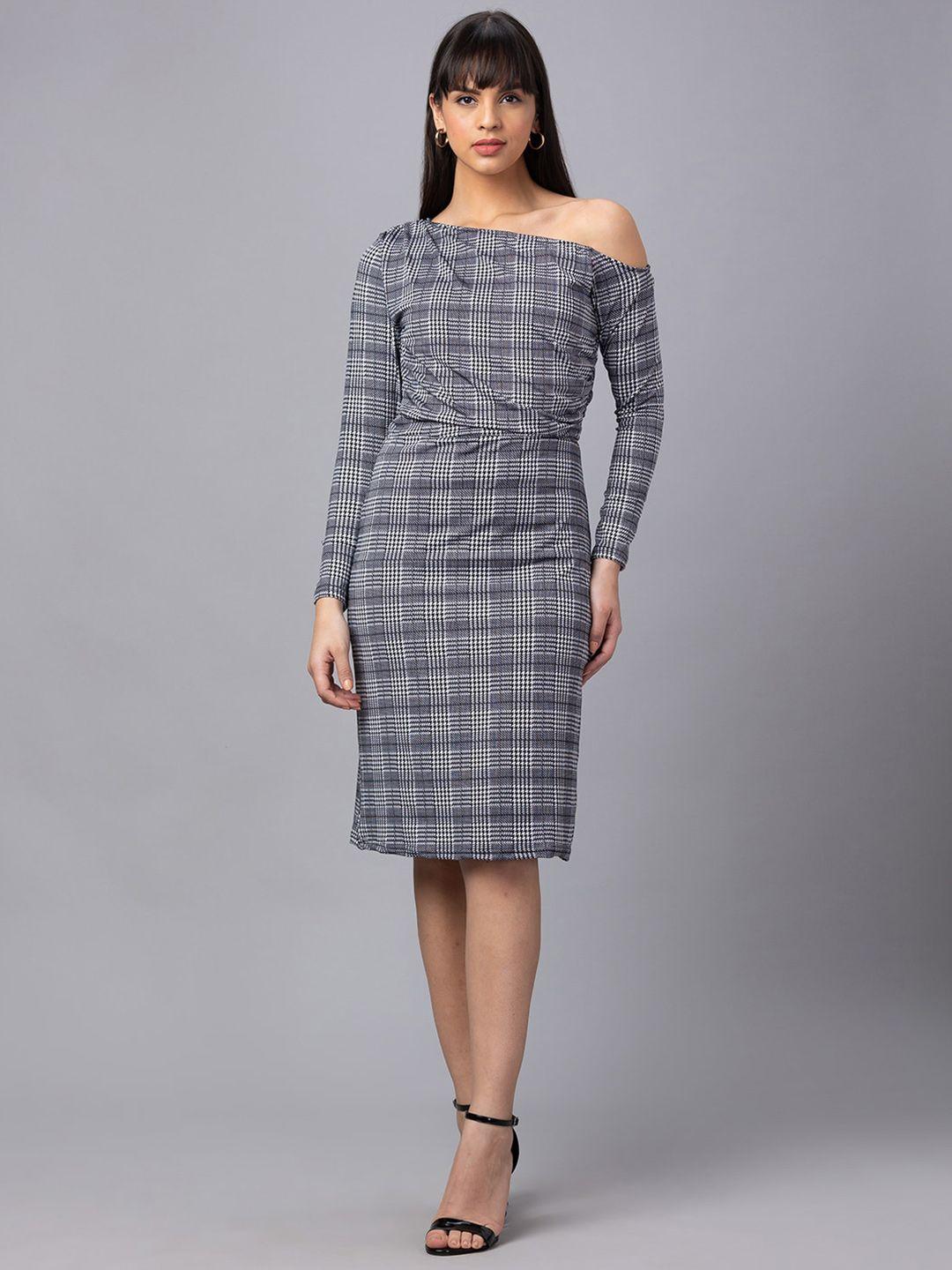 globus checked off-shoulder sheath dress