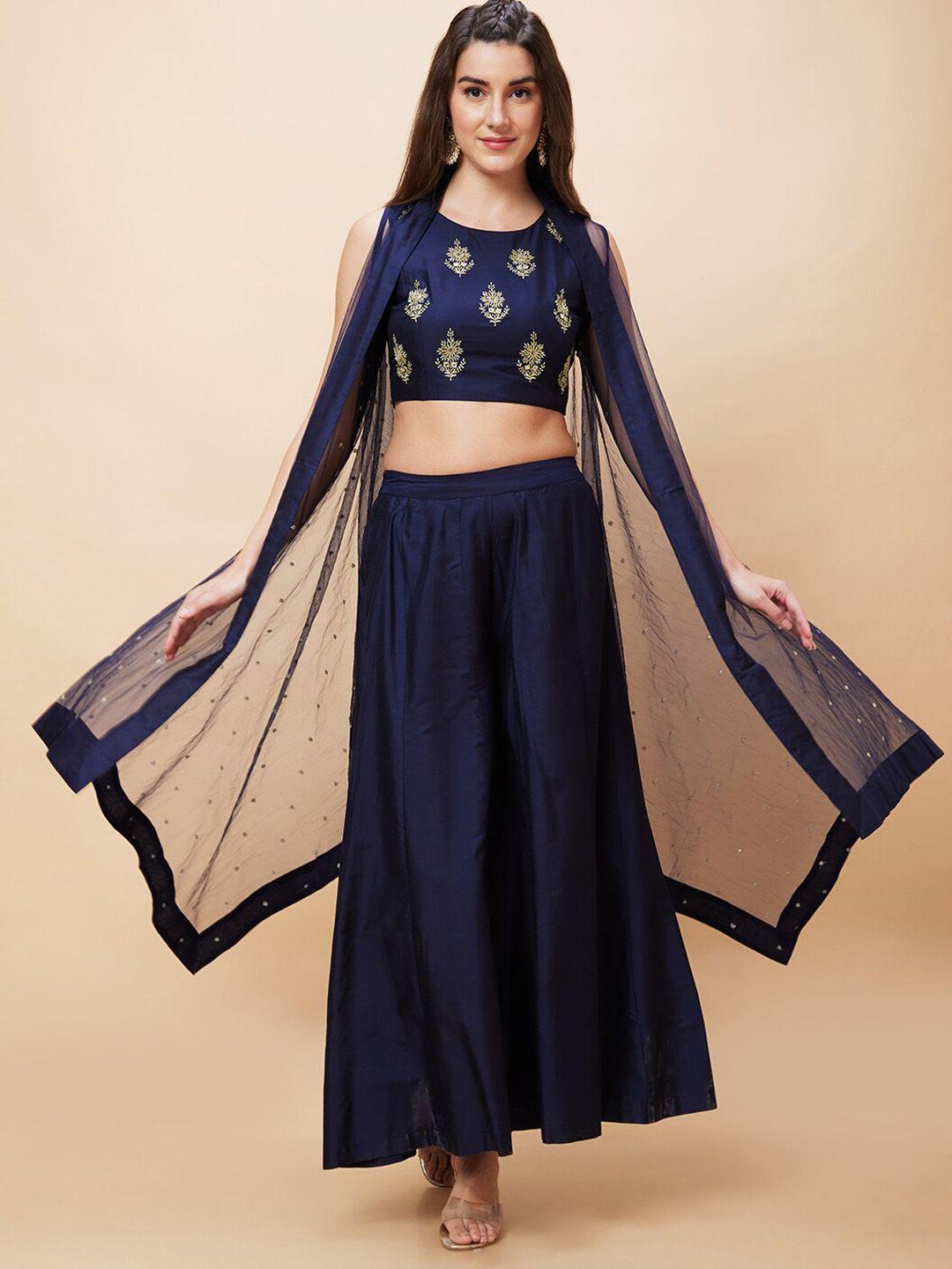 globus embroidered ethnic crop top with longline shrug & palazzos