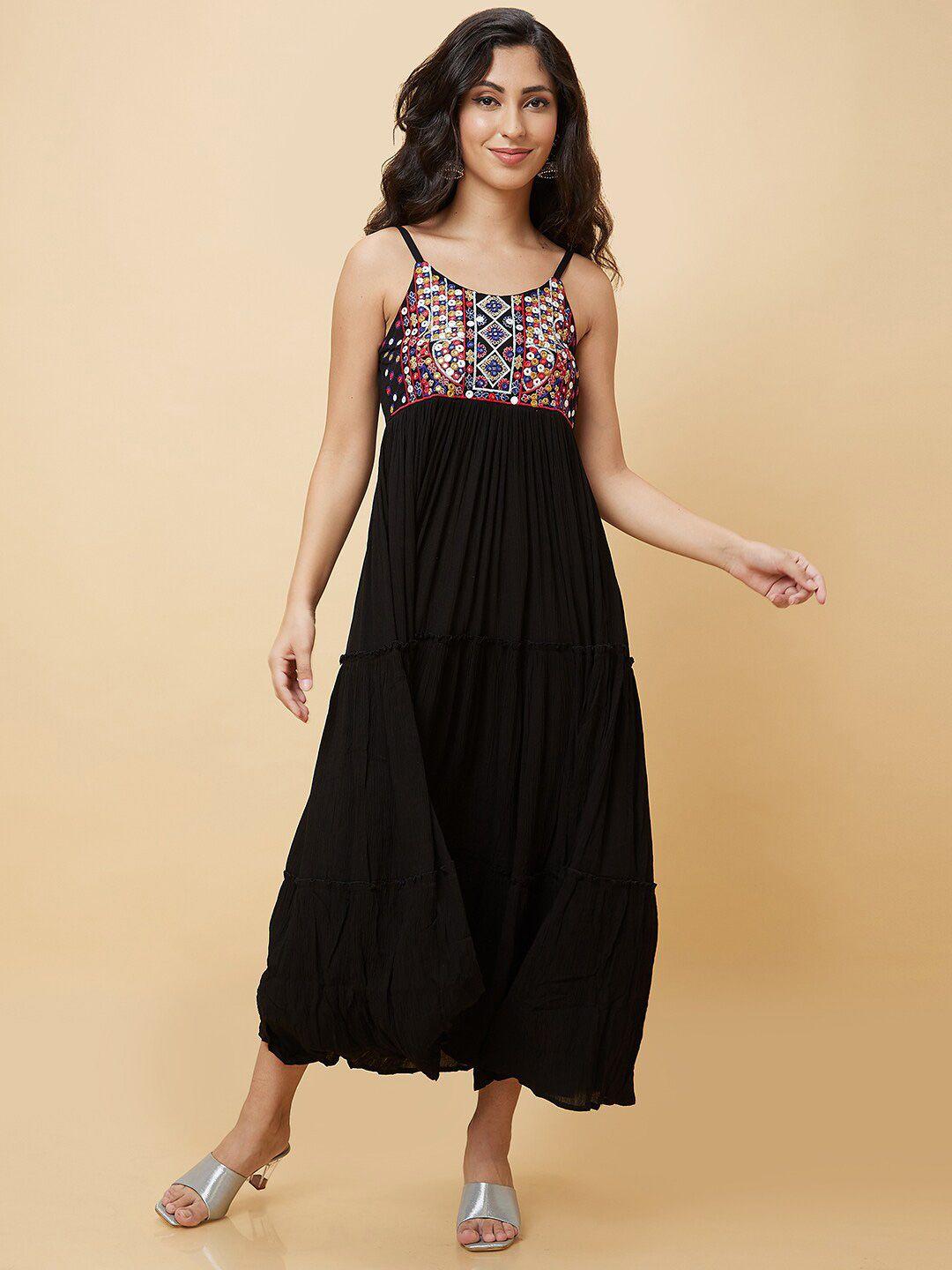 globus embroidered mirror work tiered maxi ethnic dress
