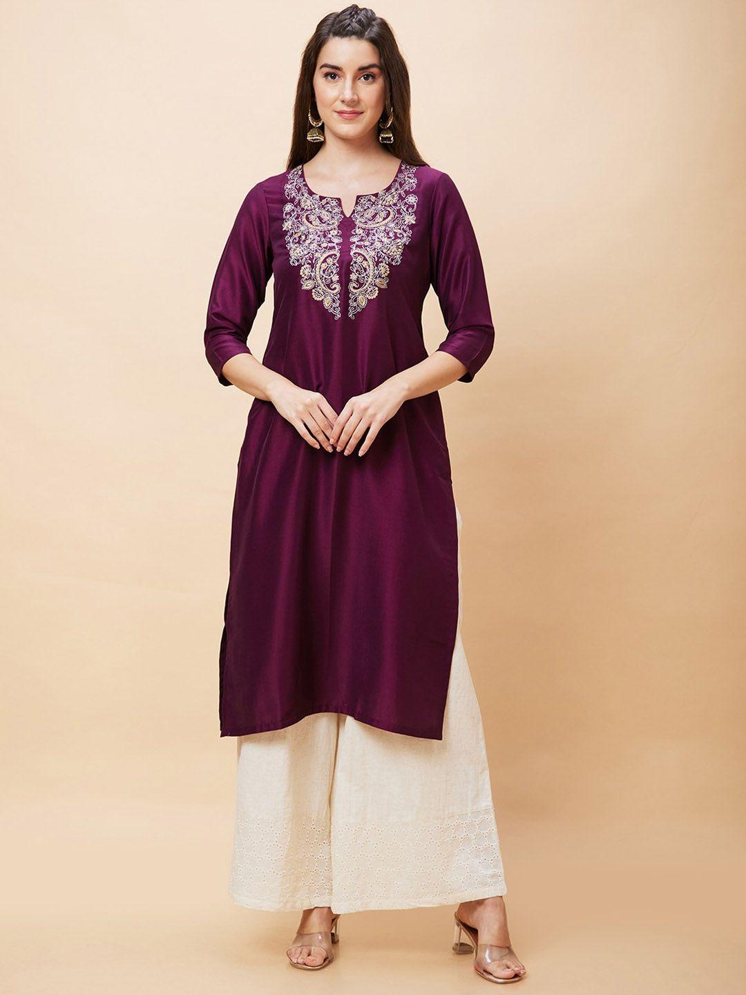 globus ethnic motif yoke embroidered round neck with notched straight kurta