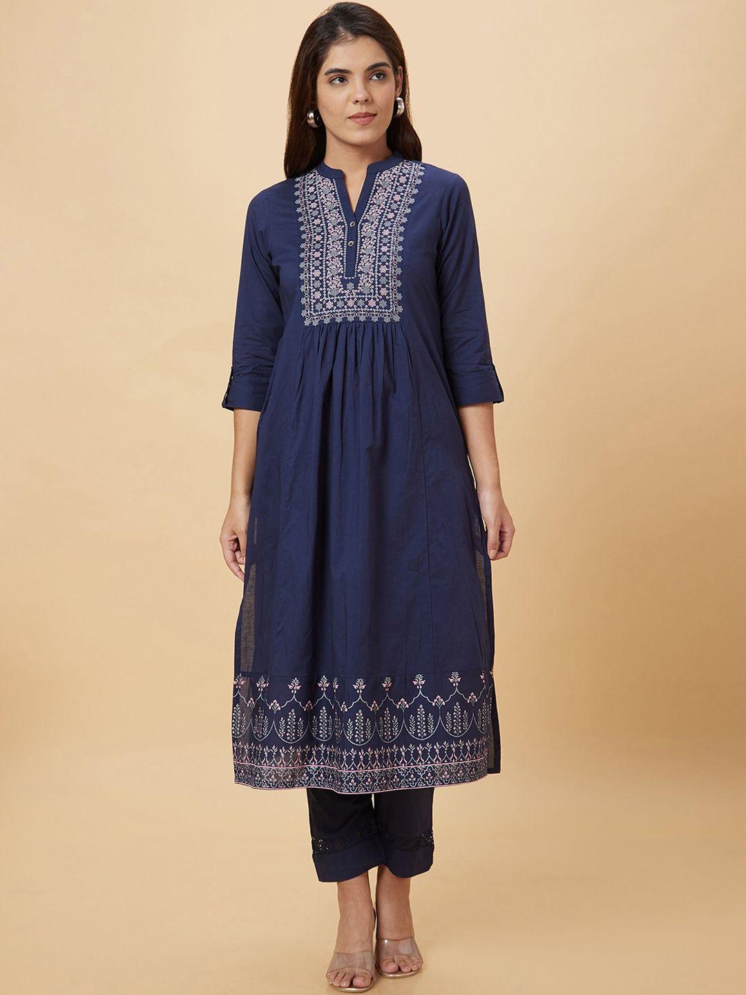 globus ethnic motifs embroidered pleated a-line kurta with trousers