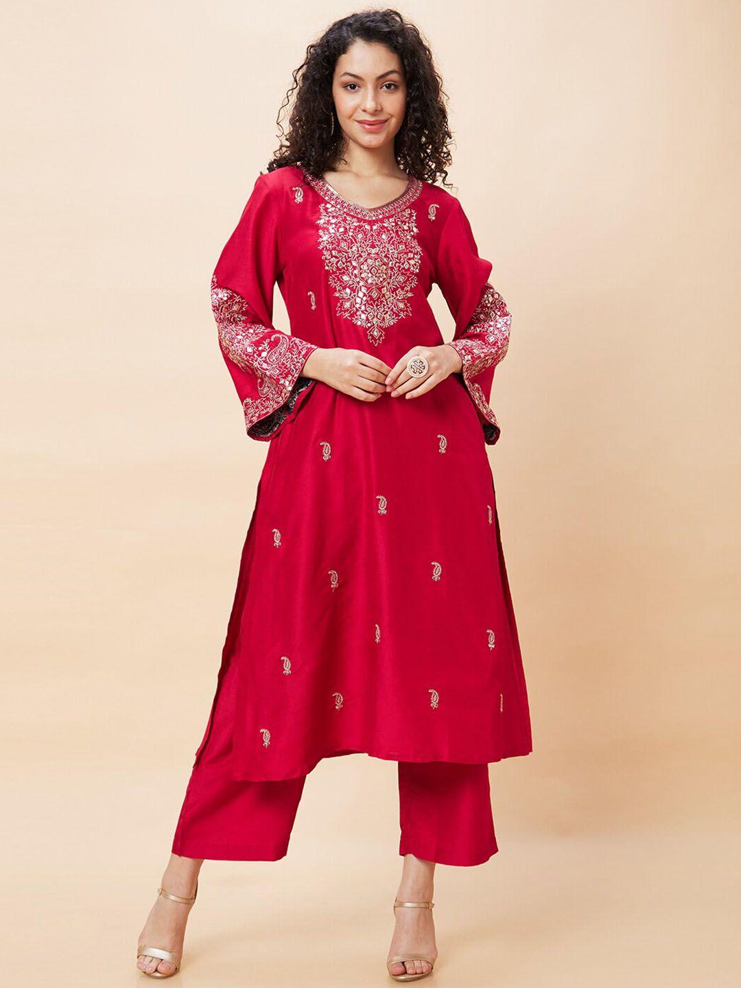 globus ethnic motifs embroidered regular gotta patti kurta with trousers