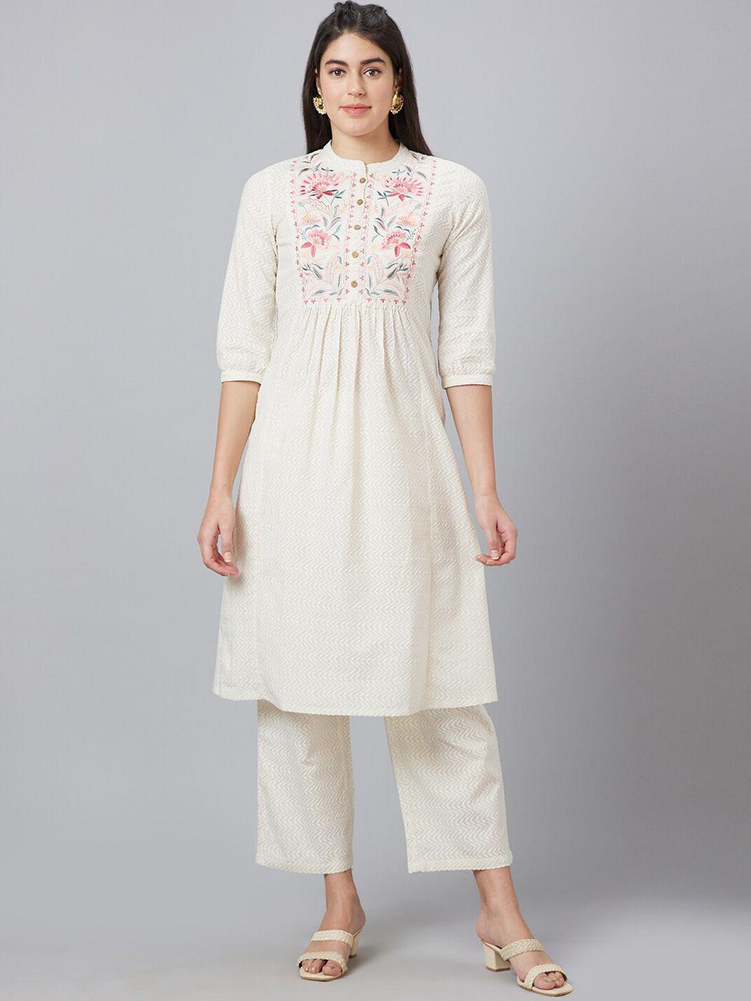 globus floral embroidered band collar thread work a-line pure cotton kurta with palazzos