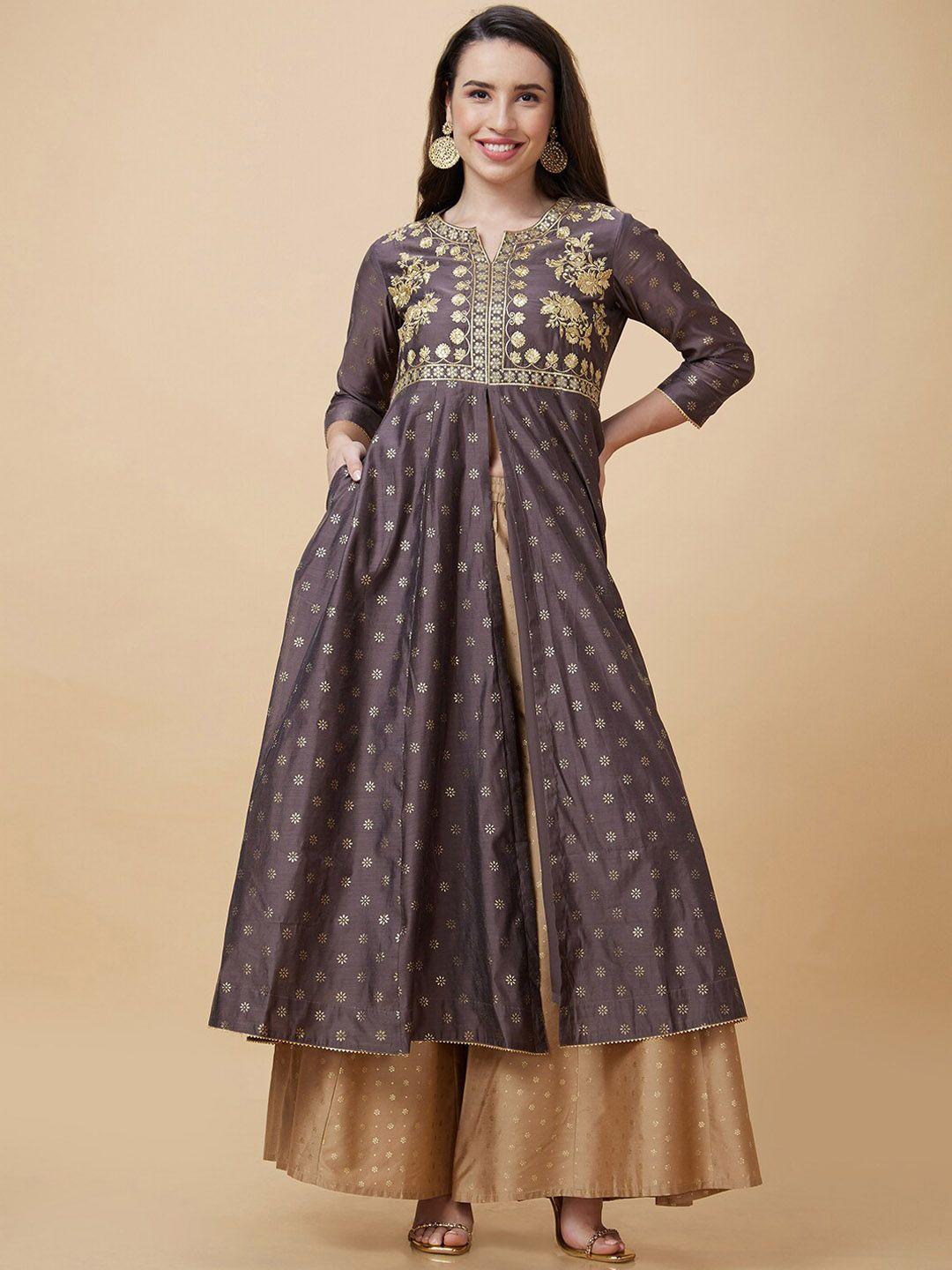 globus floral embroidered foil printed round neck a-line kurta