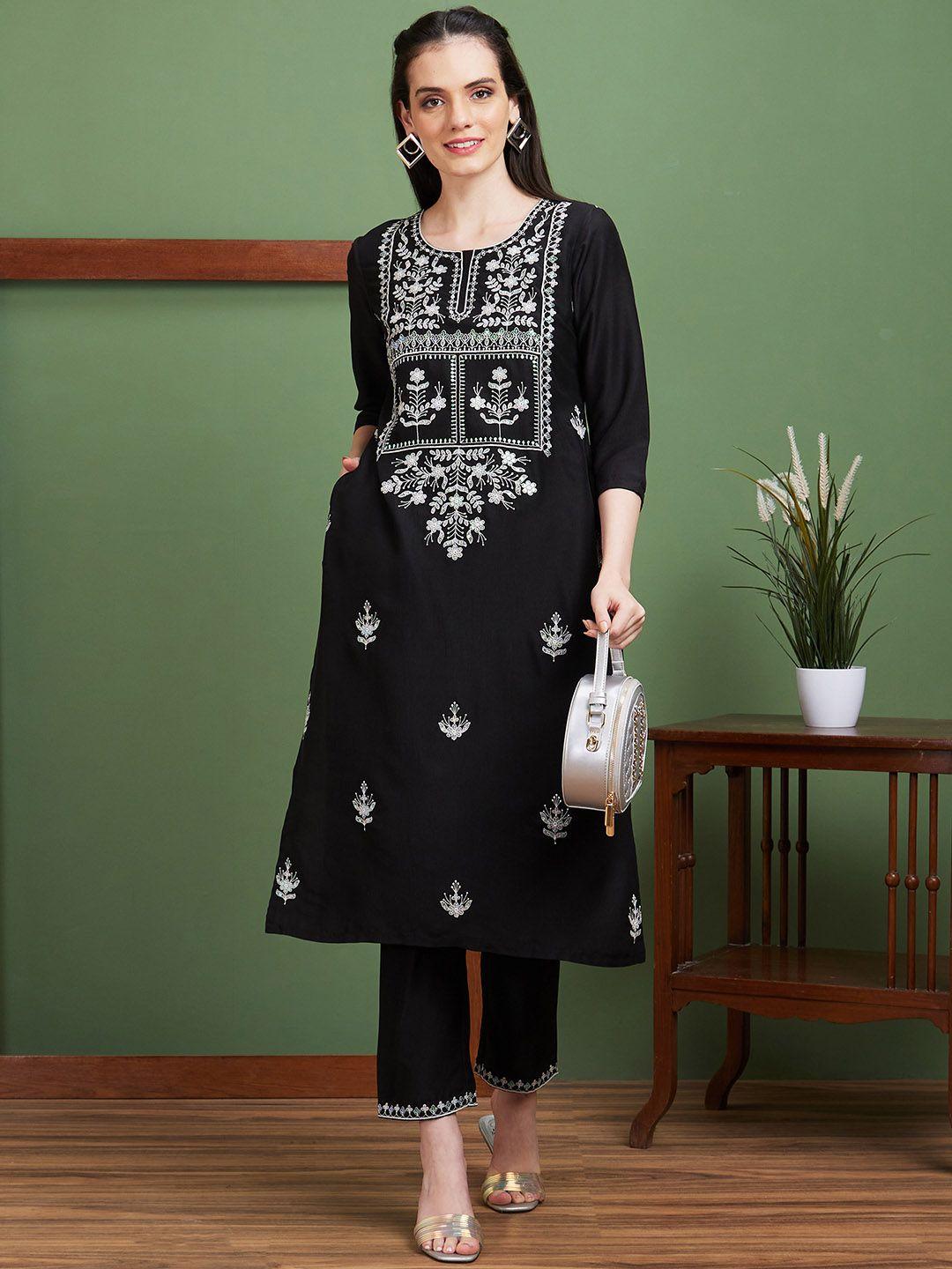 globus floral embroidered straight thread work kurta with trouser