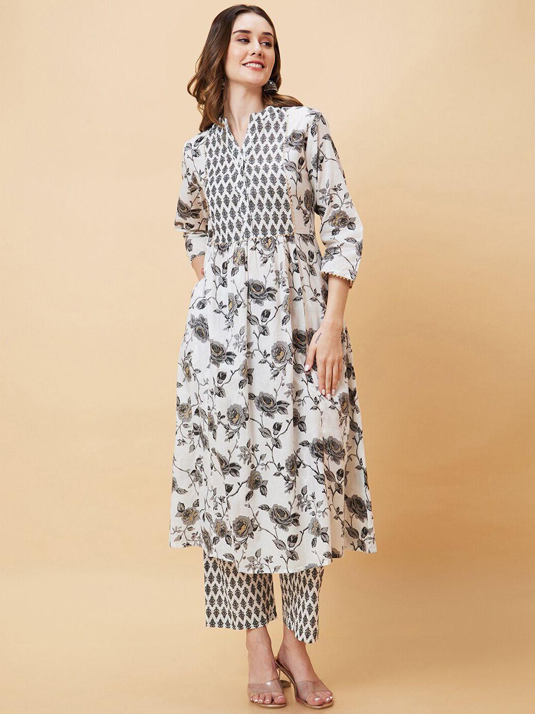 globus floral printed mandarin collar gotta patti pure cotton kurta with trousers