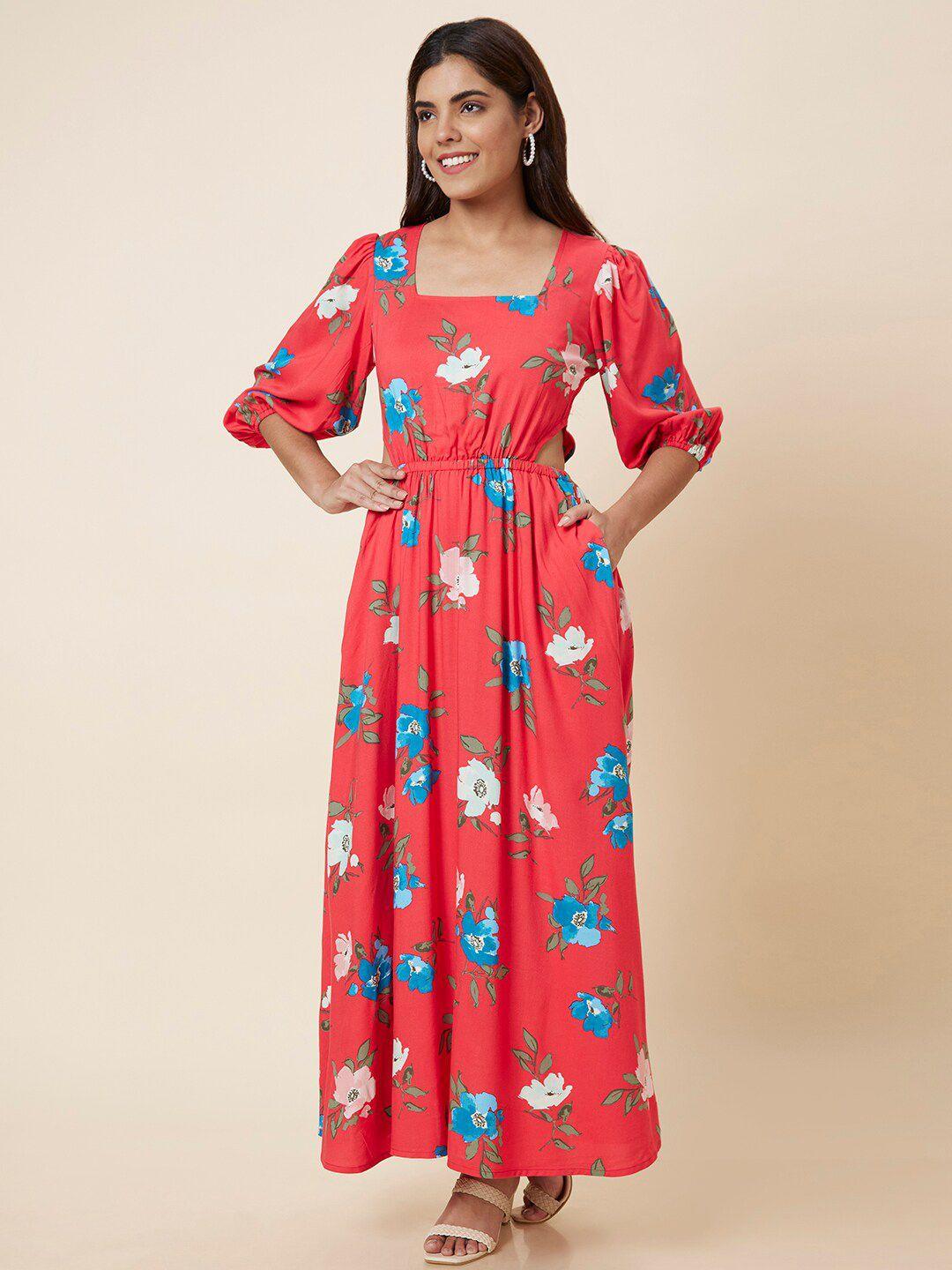 globus floral printed puff sleeve cut out maxi dress