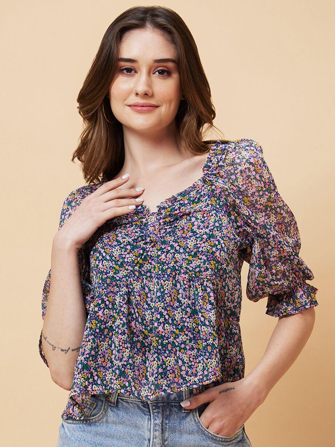 globus floral printed puffed sleeves smocked georgette top