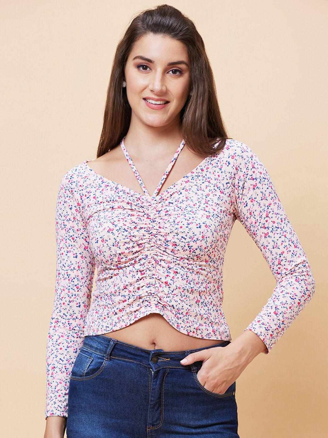 globus floral printed ruched tie-up neck pure cotton crop top