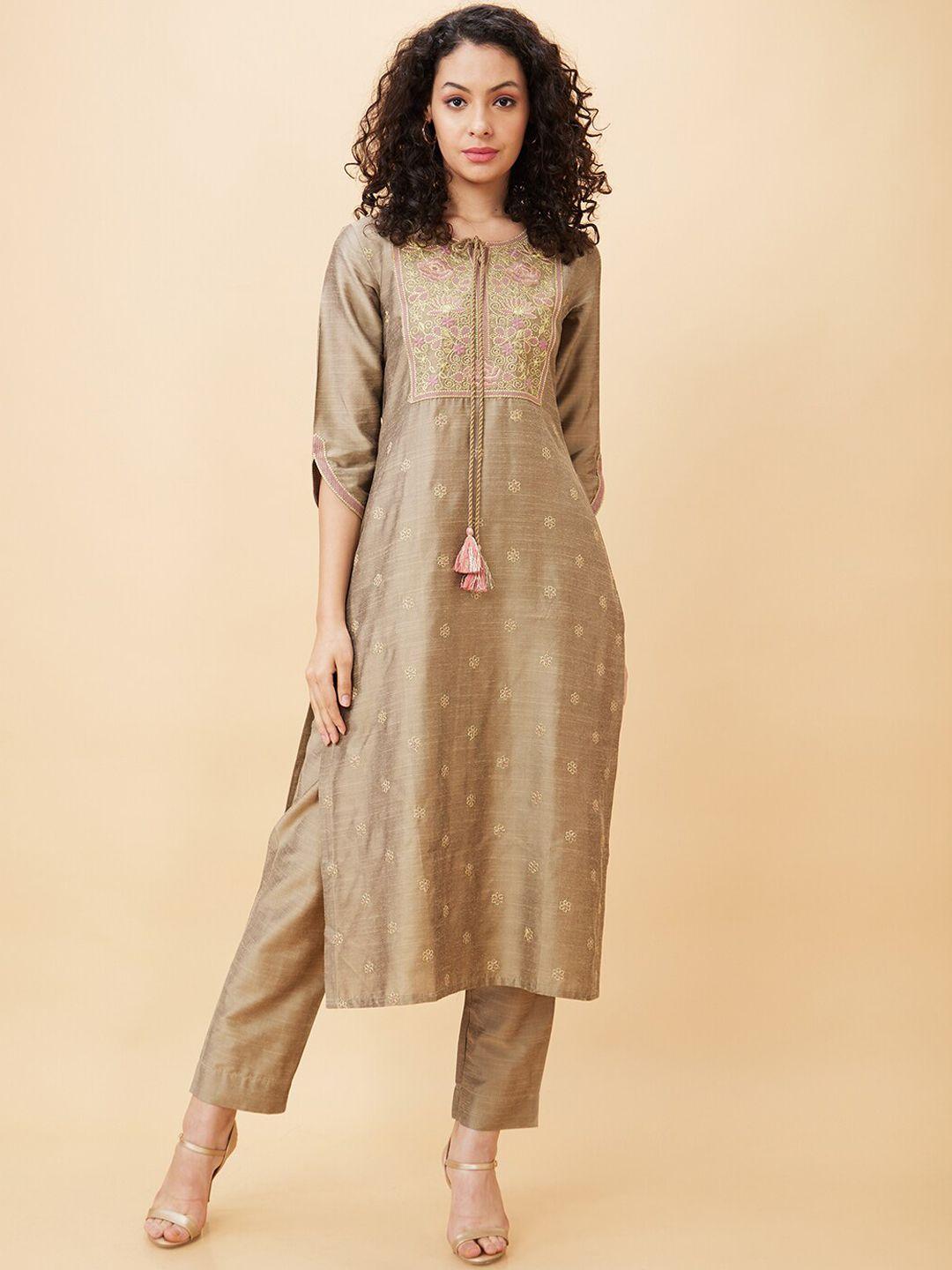 globus floral thread work kurta with trousers