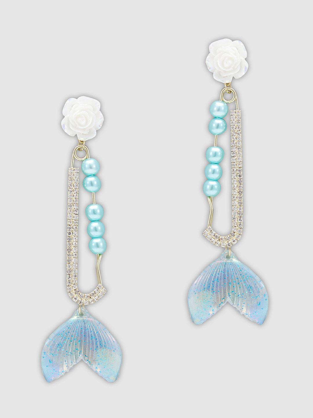 globus gold-plated & white beads-studded floral drop earrings