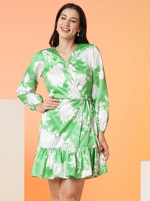 globus green & white floral print wrap dress