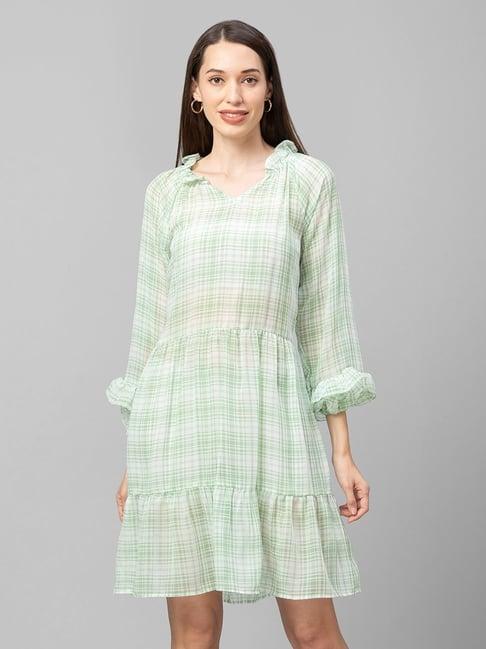 globus green chequered a-line dress