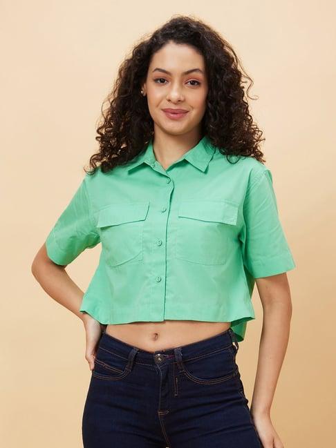 globus green cotton regular fit cropped shirt