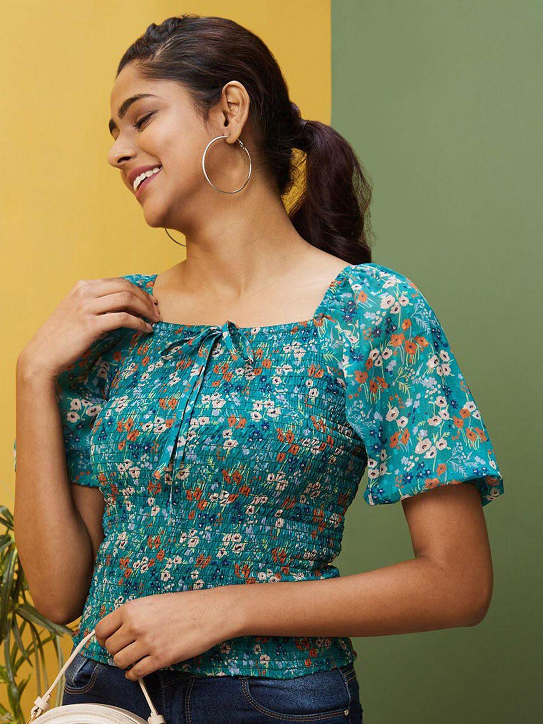 globus green floral print square neck puff sleeve smocked georgette top