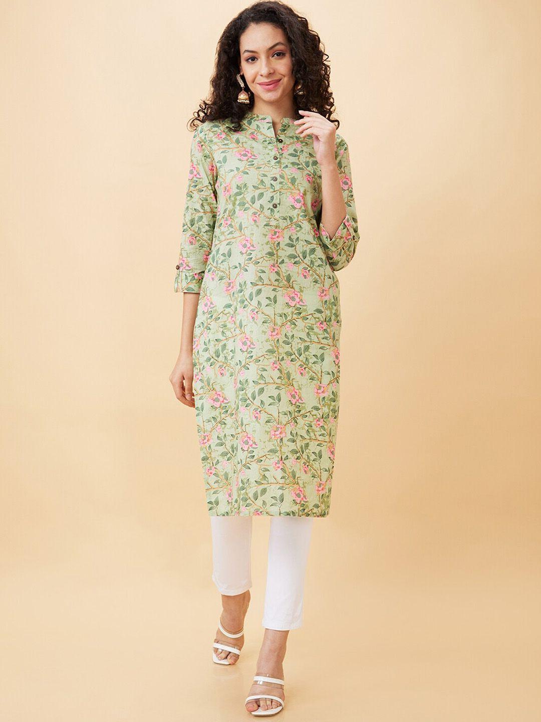 globus green floral printed mandarin collar cotton regular kurta