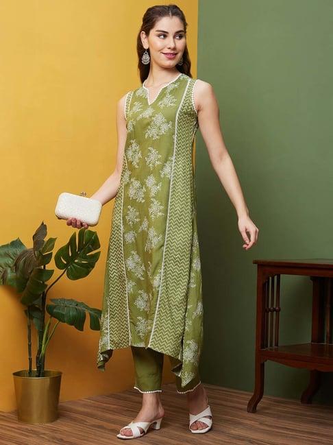 globus green printed kurta pant set