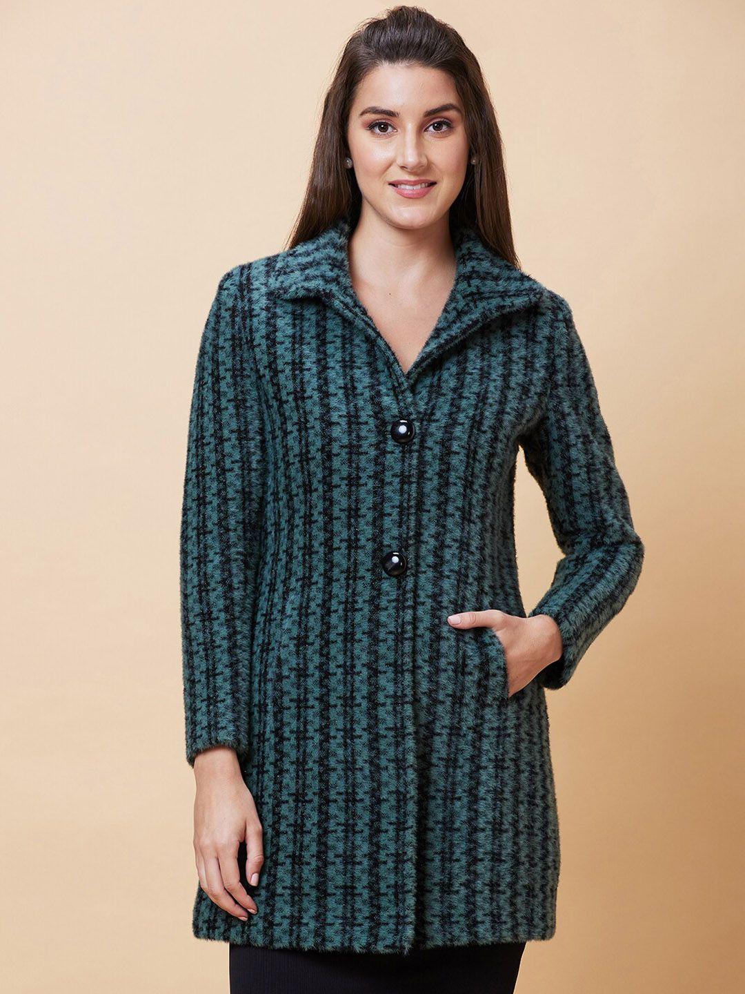 globus green printed spread collar single-breasted hip length overcoat