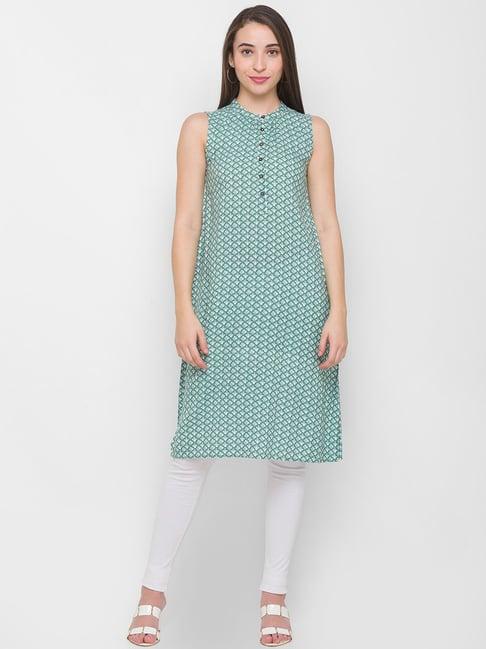 globus green printed straight kurta