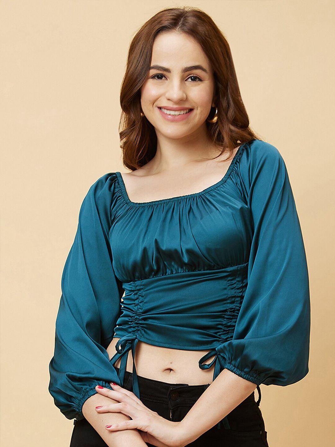 globus green puff sleeve pure satin tie-up ruched crop top
