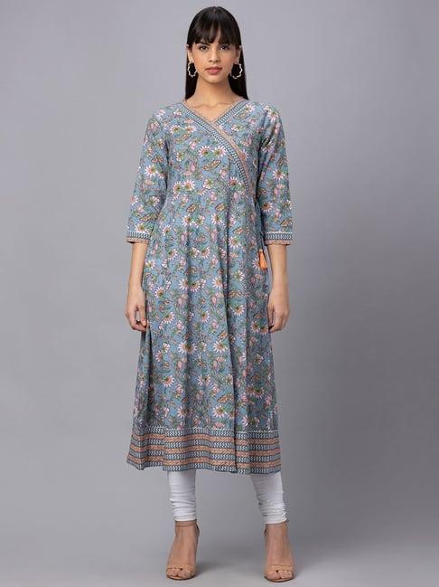 globus grey cotton floral print anarkali kurta