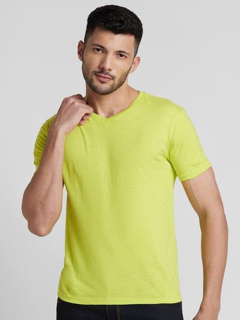 globus lemon green regular fit cotton v neck t-shirt