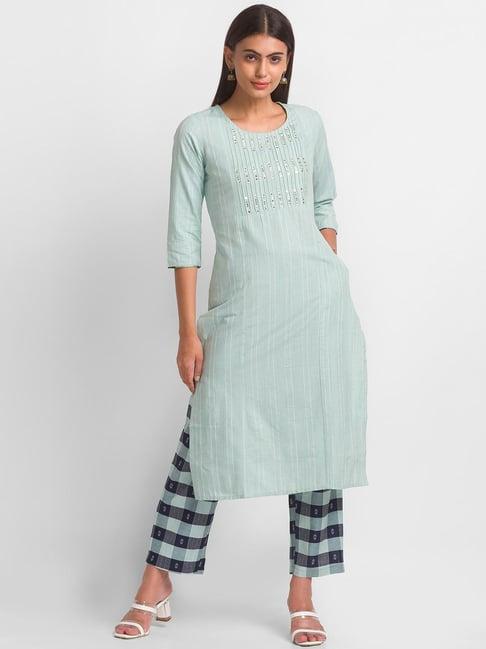 globus light green embroidered kurta set