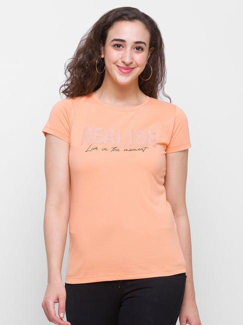globus light orange printed crew t-shirt