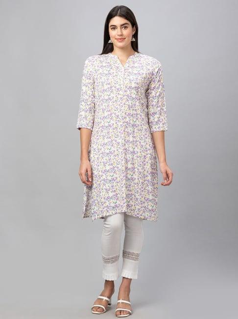 globus lilac cotton floral print straight kurta