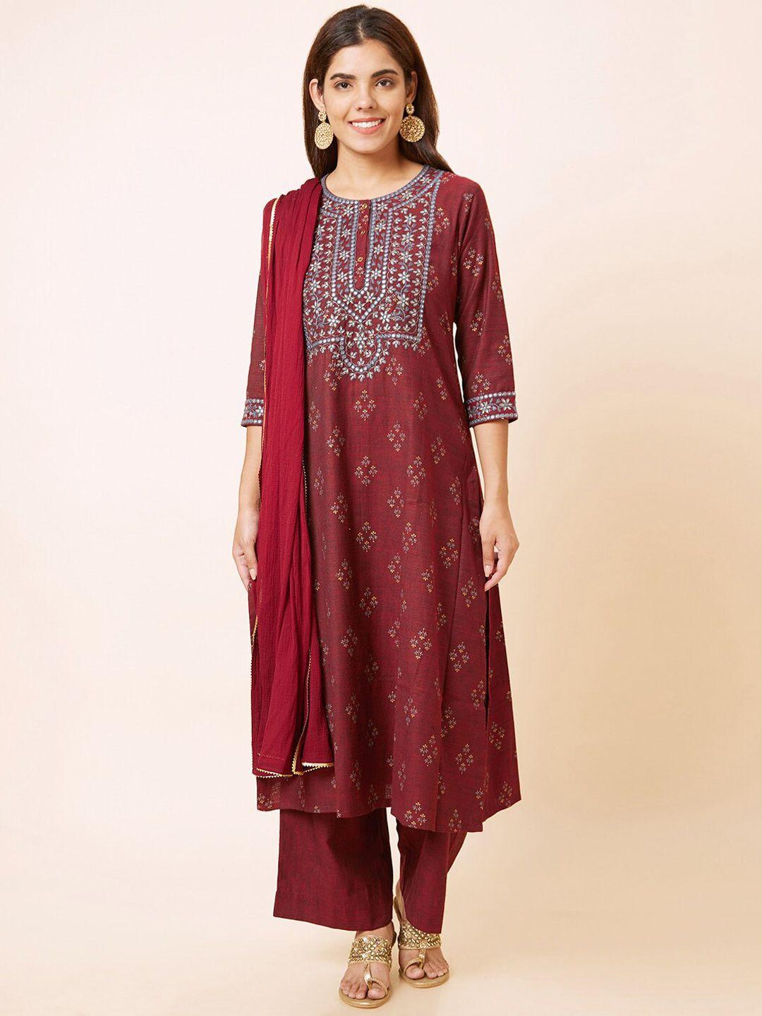 globus maroon & yellow printed mirror work pure cotton kurta with palazzos & dupatta