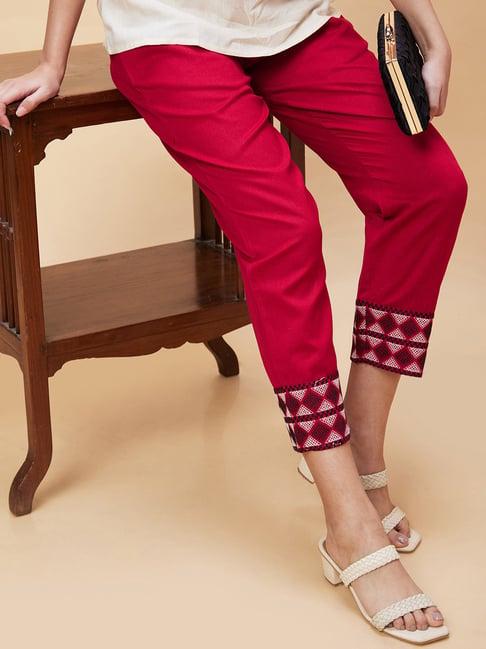 globus maroon cotton straight fit mid rise trousers