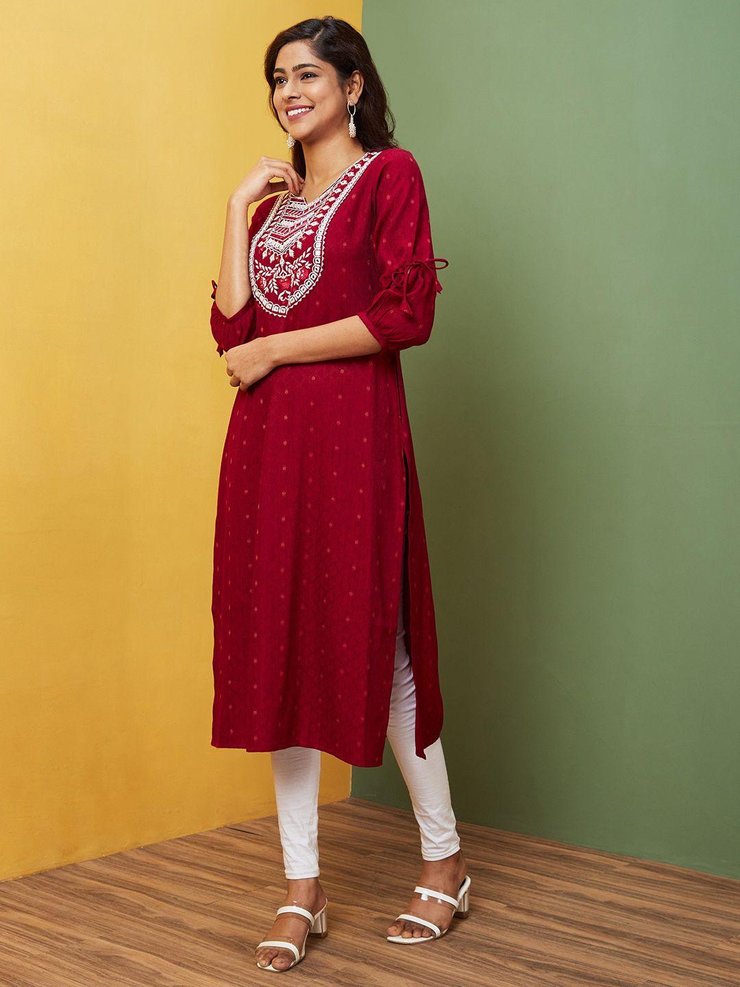 globus maroon embroidered straight kurta