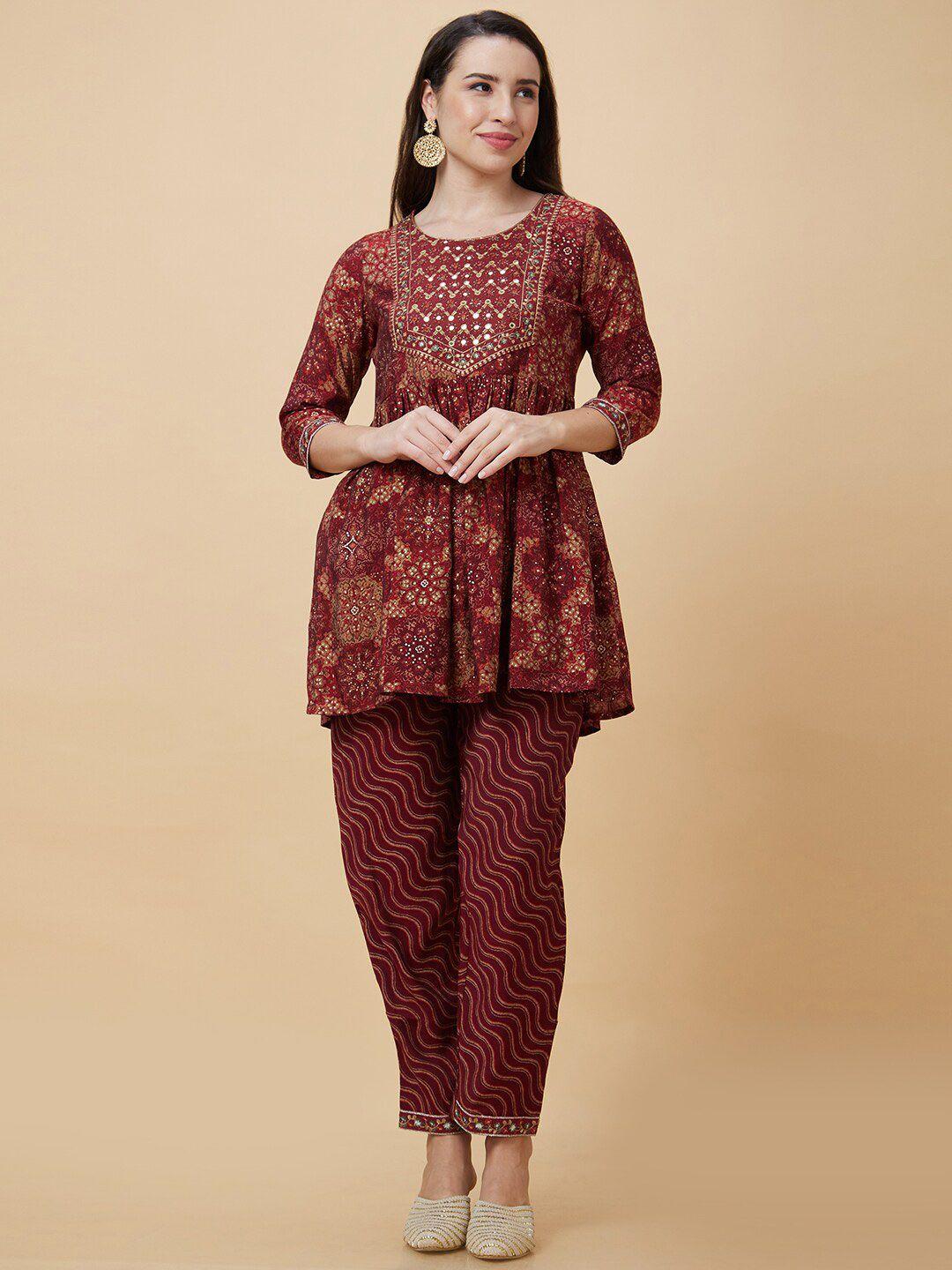globus maroon ethnic motifs printed regular thread work a-line kurta with trousers
