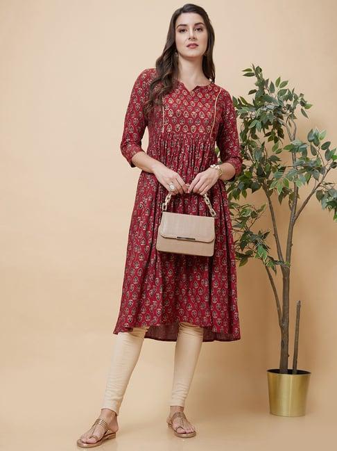 globus maroon floral print kurta