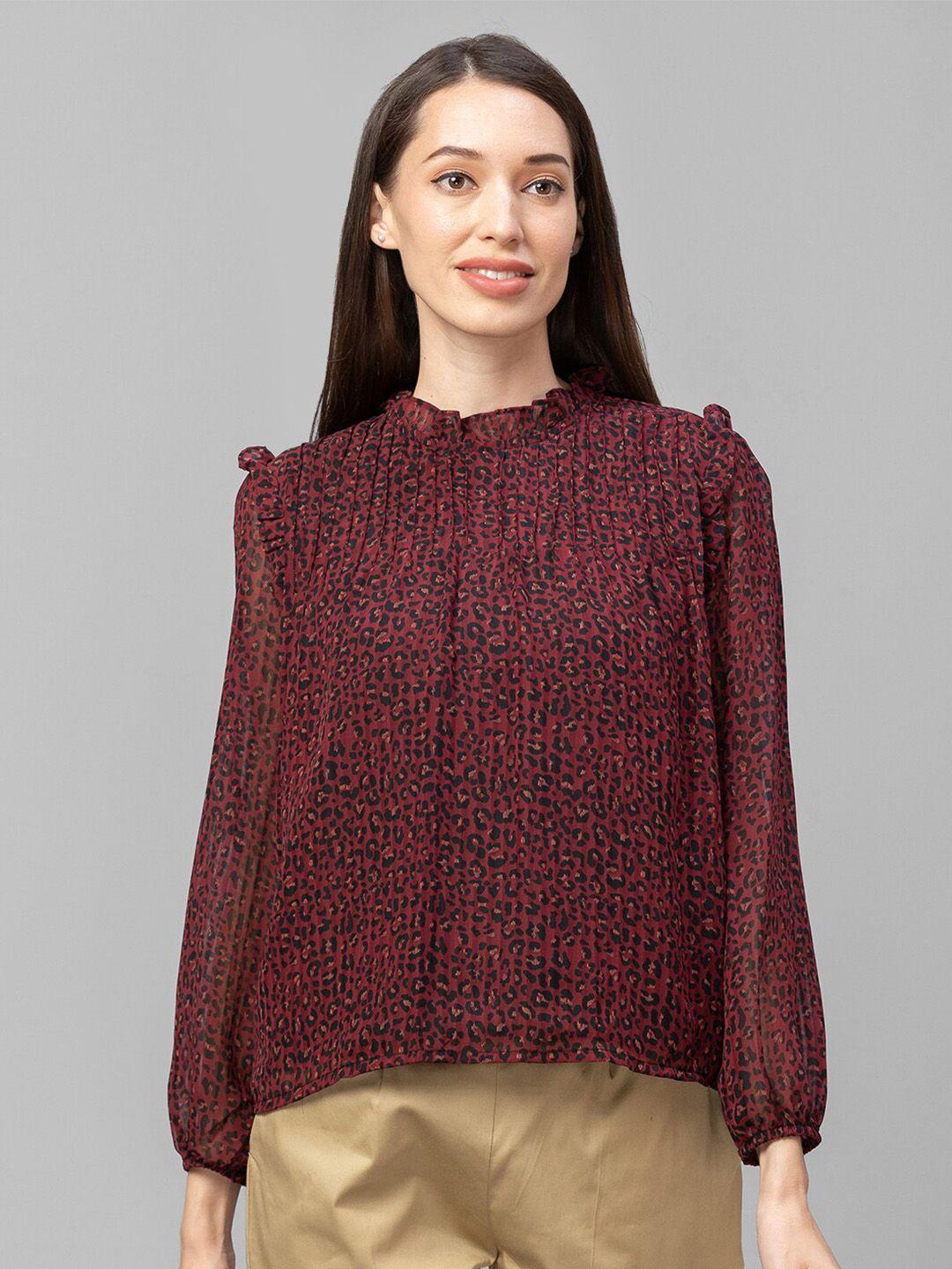 globus maroon geometric print mandarin collar ruffles georgette top