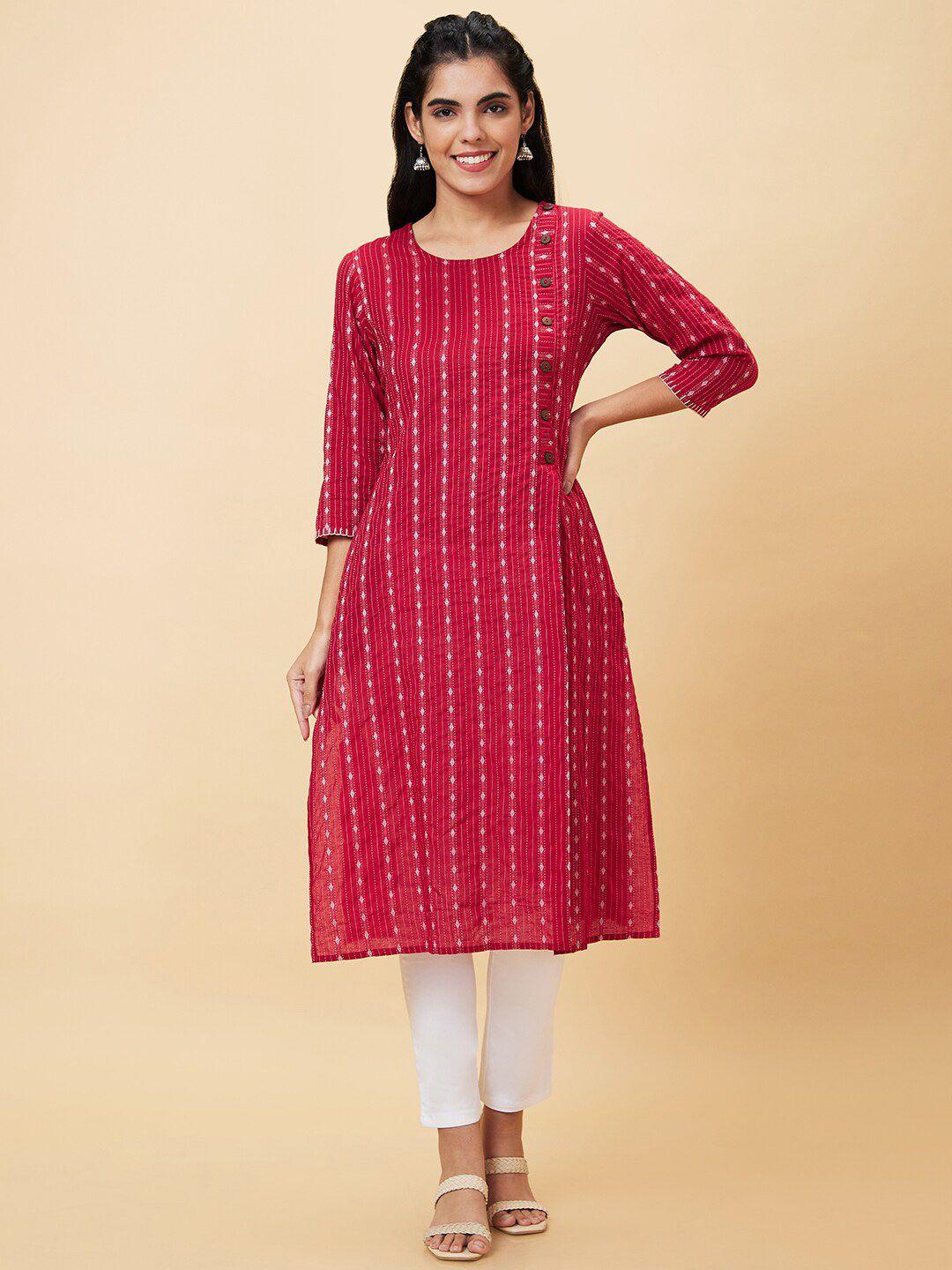 globus maroon geometric printed mandarin collar pure cotton straight kurta